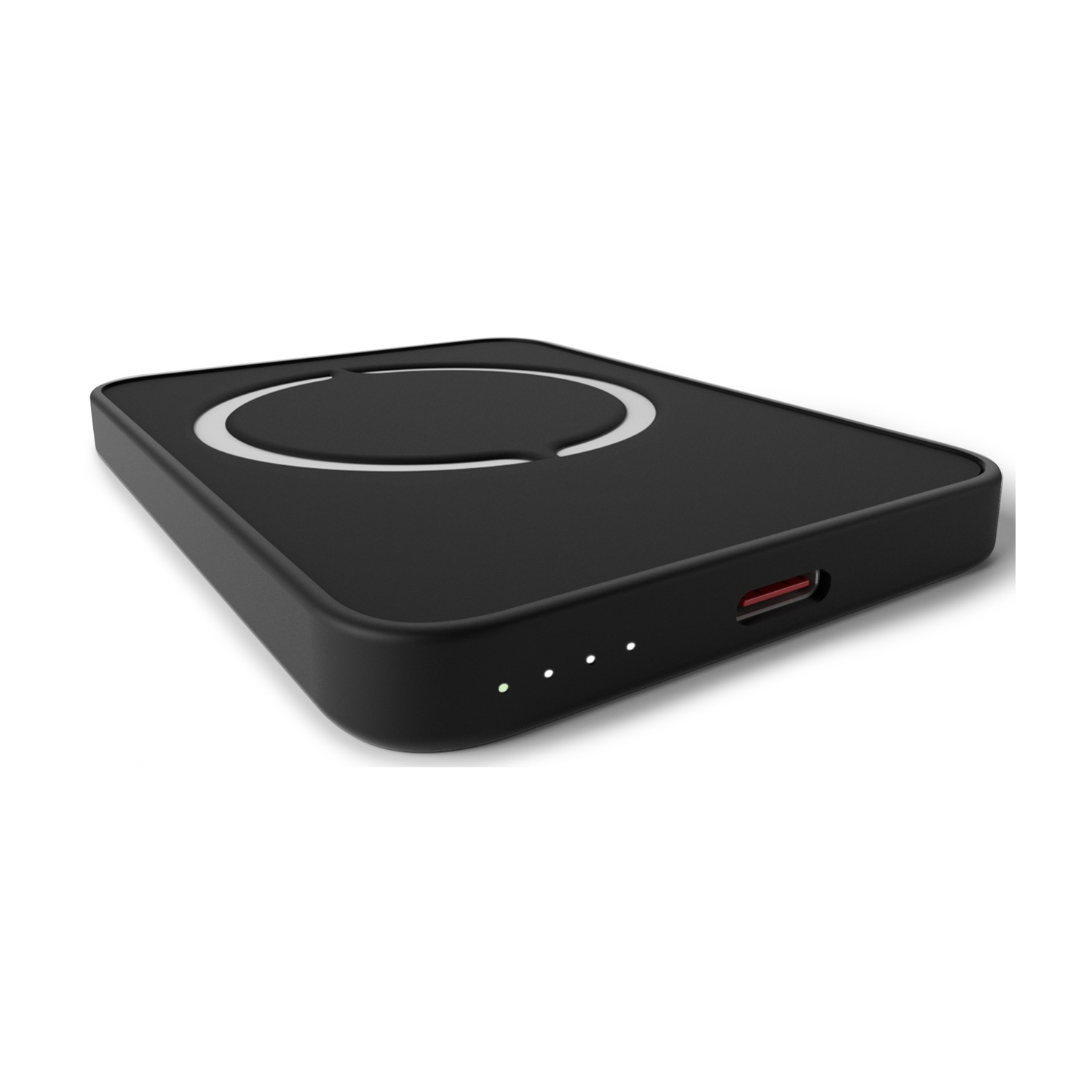 Caricabatterie wireless nero con design ad anello bianco e indicatori di alimentazione. Porta USB rossa e tre punti bianchi laterali. Sfondo bianco.