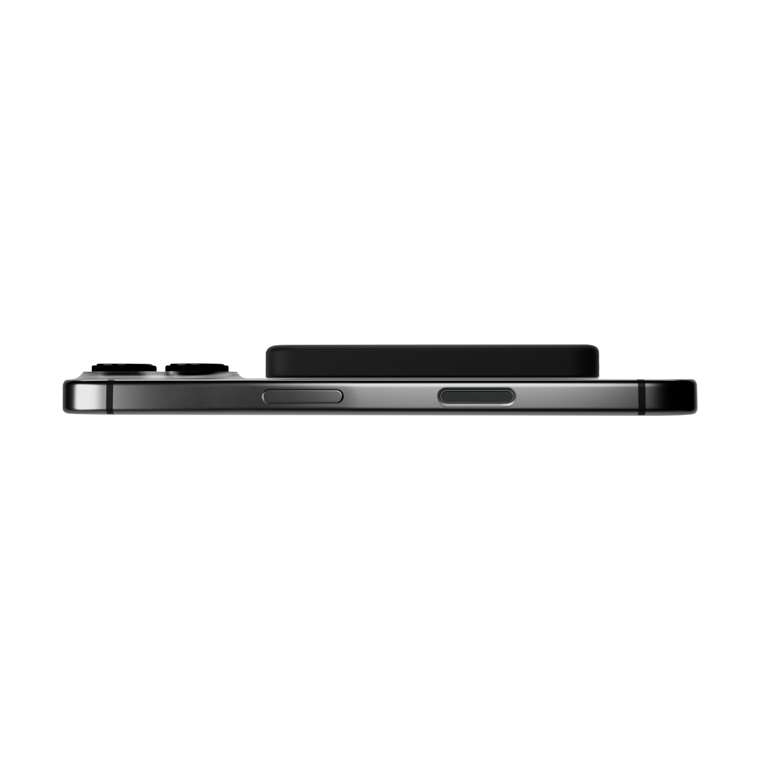 Vista laterale di uno smartphone grigio con accessorio rettangolare nero attaccato su sfondo bianco.