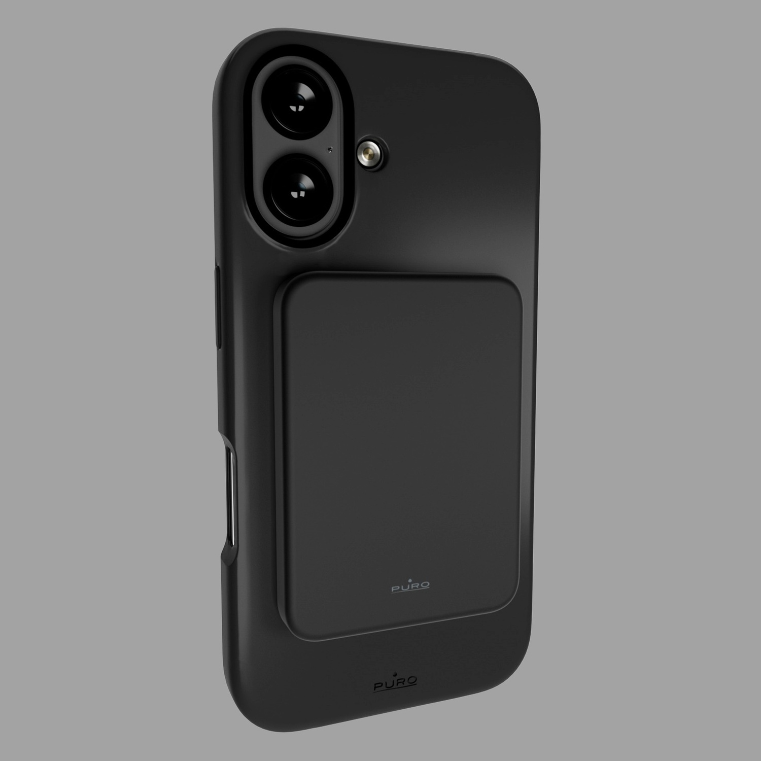 Custodia nera per telefono con lenti della fotocamera e impugnatura quadrata. Sfondo grigio. Il marchio è PURO.