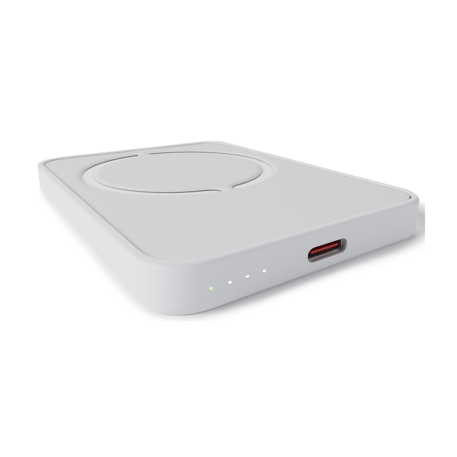 Un caricatore wireless bianco con un'indentazione circolare in alto, una porta rossa e tre piccole luci. È su sfondo bianco.