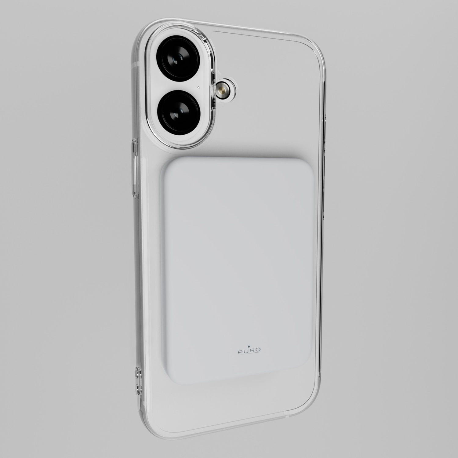 Custodia trasparente per telefono con lenti della fotocamera e un pad magnetico bianco. Sfondo grigio.