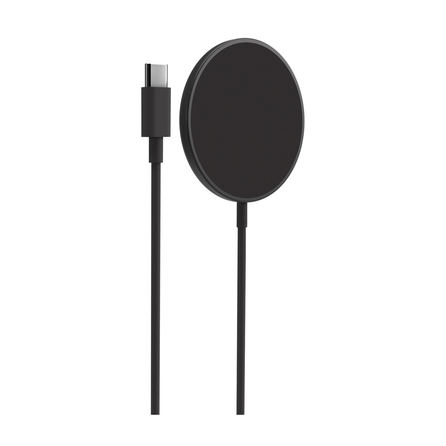 Caricabatterie wireless nero con cavo USB-C su sfondo bianco. Il caricabatterie è rotondo e il cavo ha un connettore di tipo C.