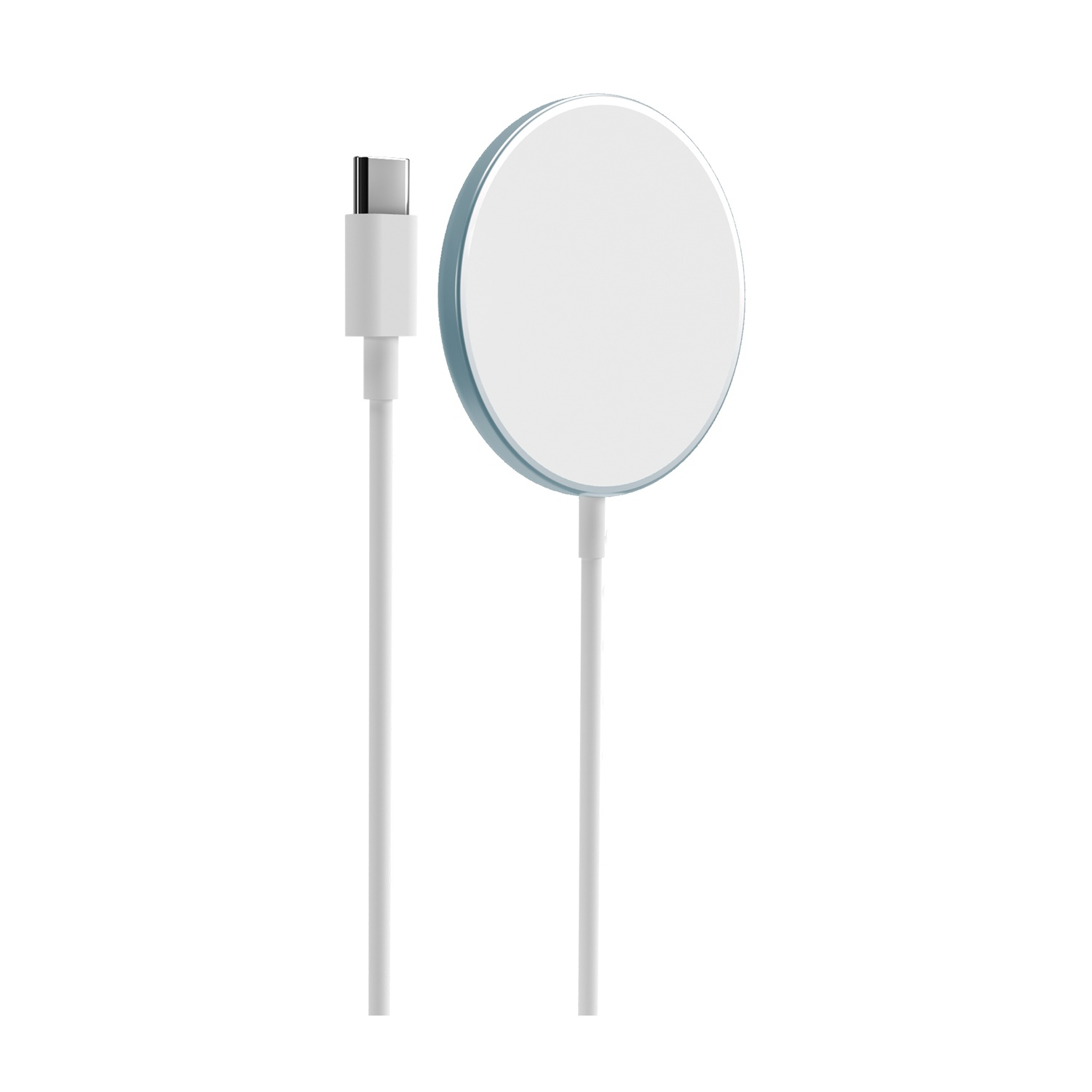 Caricatore wireless bianco con bordo blu e cavo USB-C bianco su sfondo bianco.