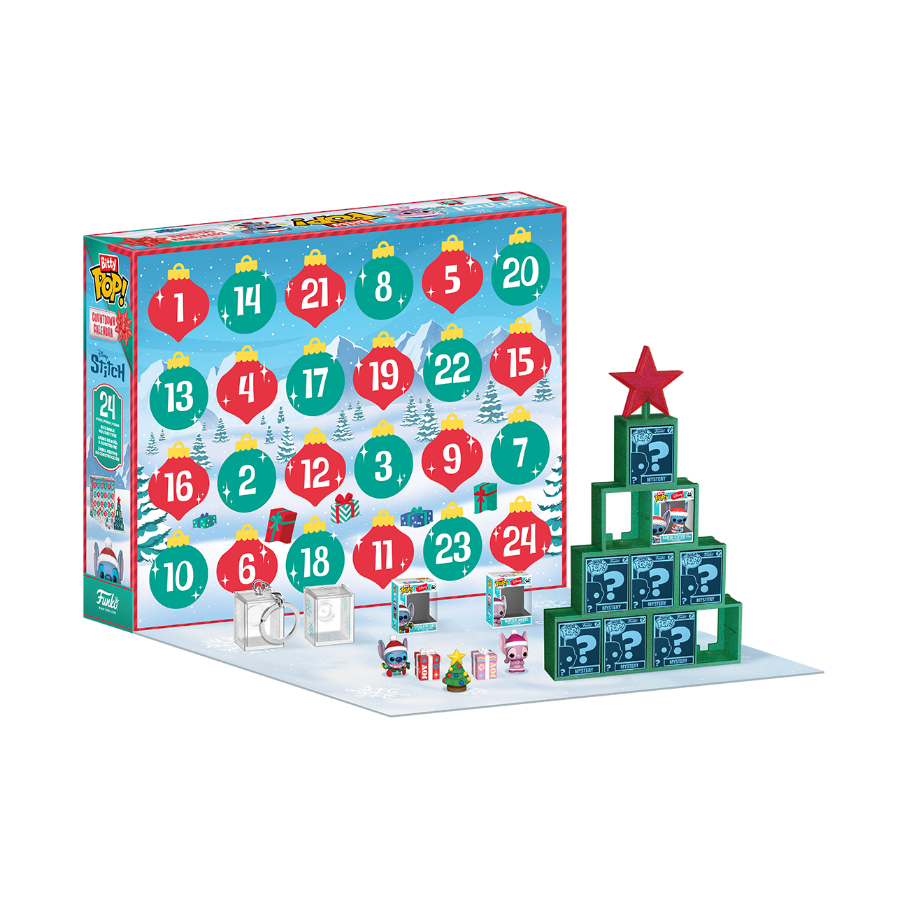 Ein Stitch-Adventskalender mit Ornamenten, Zahlen und kleinen Figuren. Ein grüner Baum aus Boxen und ein roter Stern.