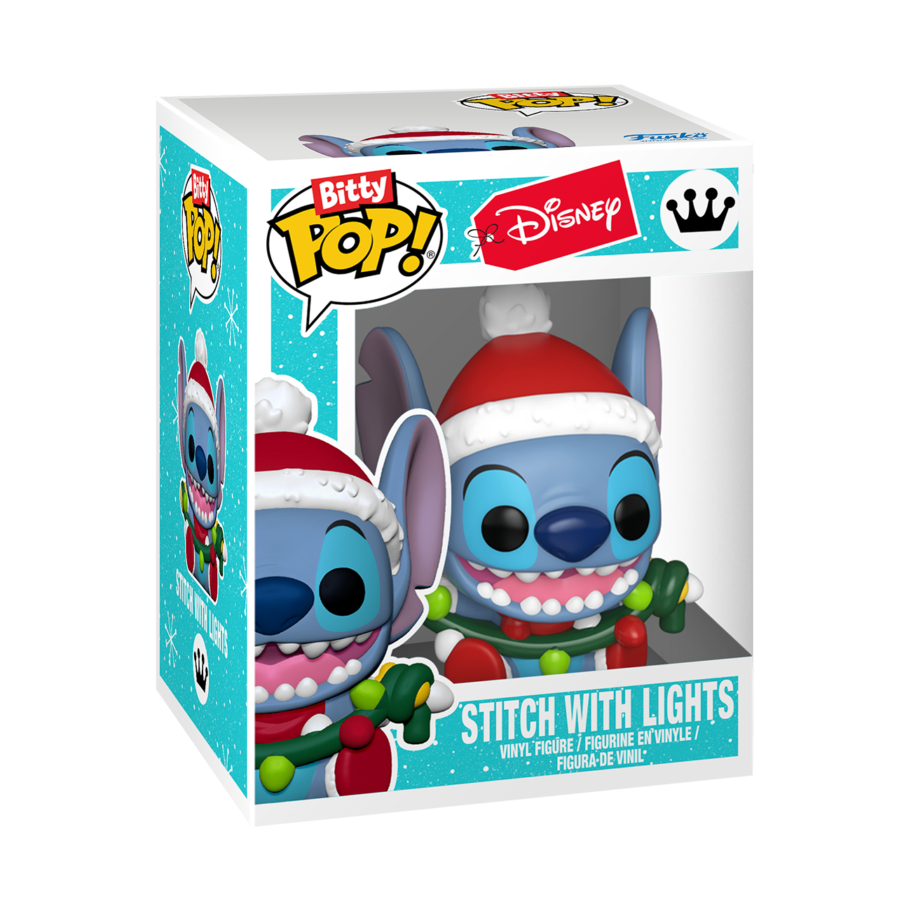 Eine Funko Bitty Pop Figur von Stitch mit Weihnachtsmütze und Lichterkette in einer Box mit Weihnachtsmotiv.