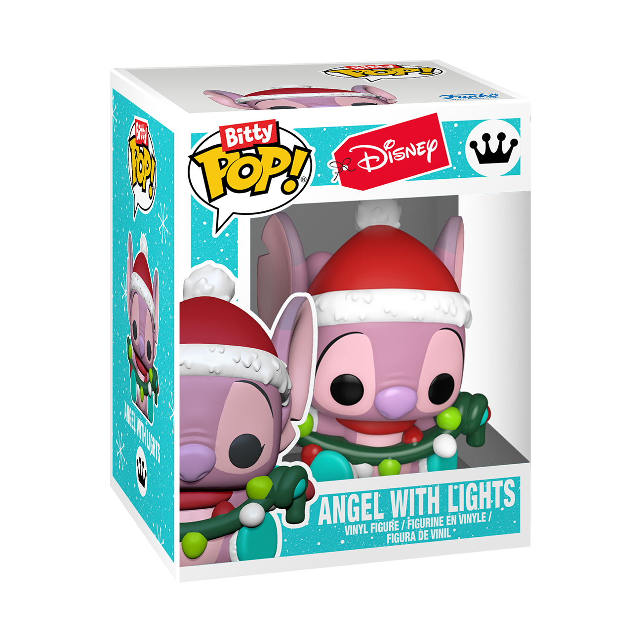 Eine Funko Pop-Box mit einer rosa Angel-Figur mit Weihnachtsmütze und Lichtern. Die Box trägt die Aufschrift 'Angel with Lights'.