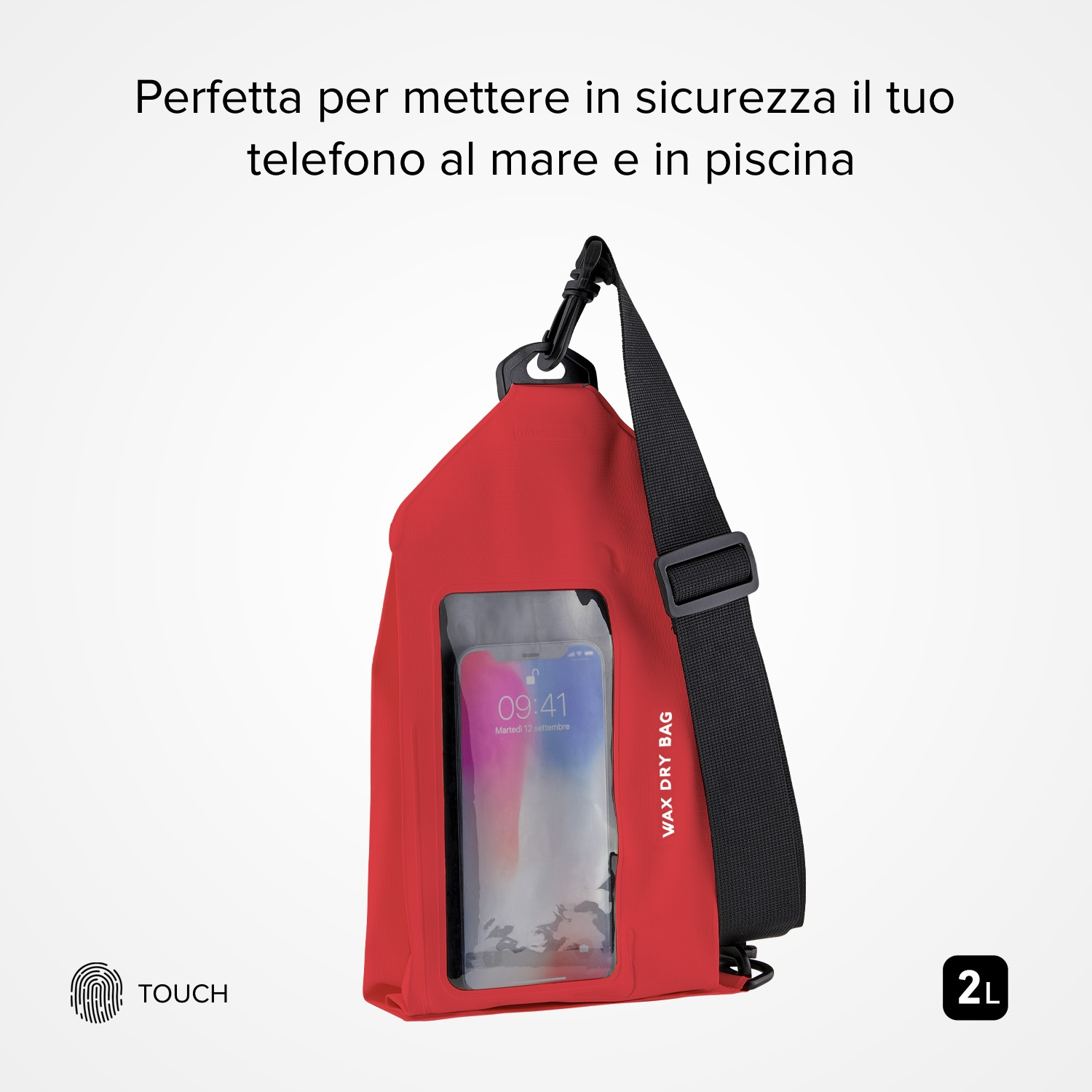Borsa per telefono impermeabile rossa con cinturino nero, tiene un telefono, con testo 'WAX DRY BAG' e '2L'.