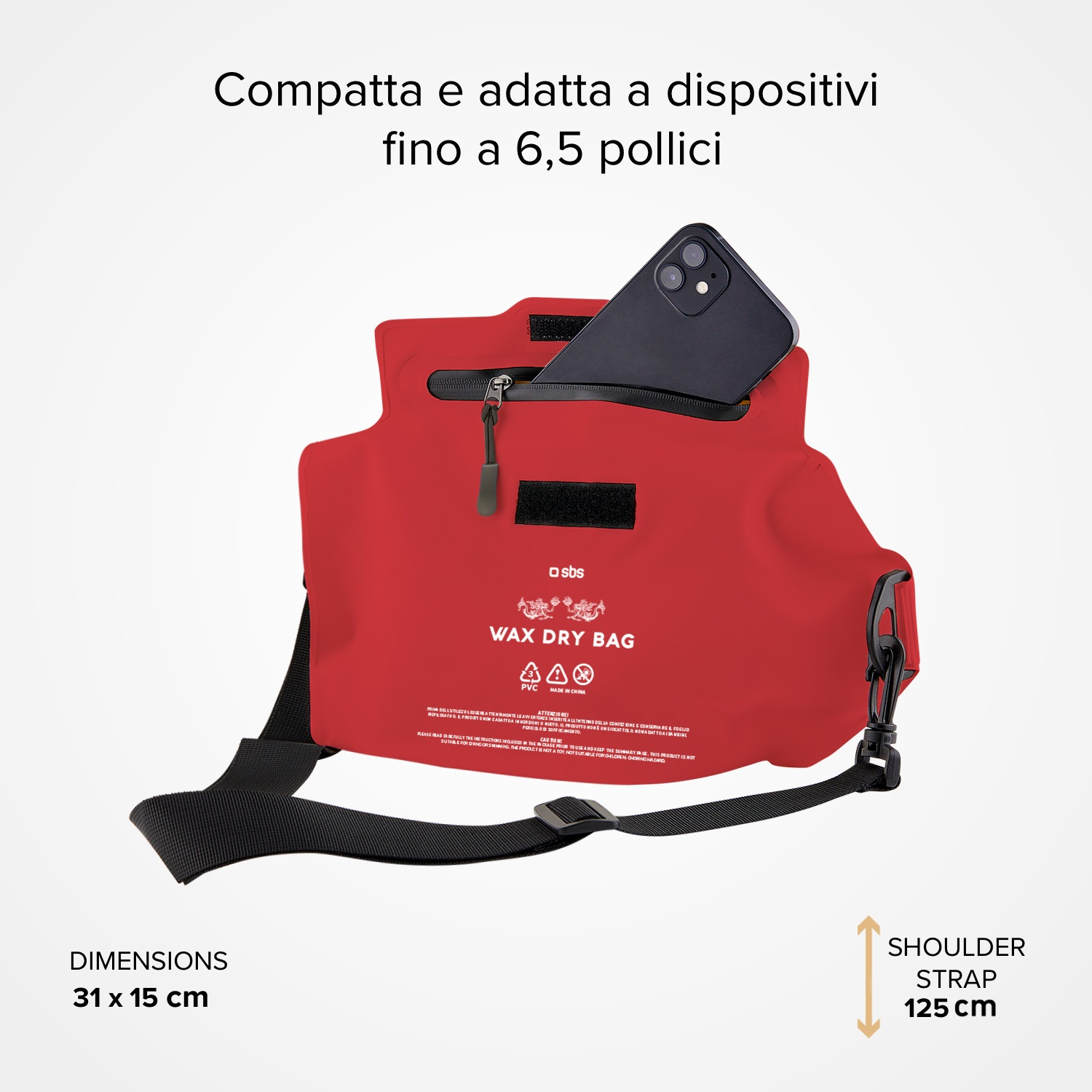 Borsa per telefono impermeabile rossa con telefono nero. Ha una tracolla e testo sulle dimensioni.