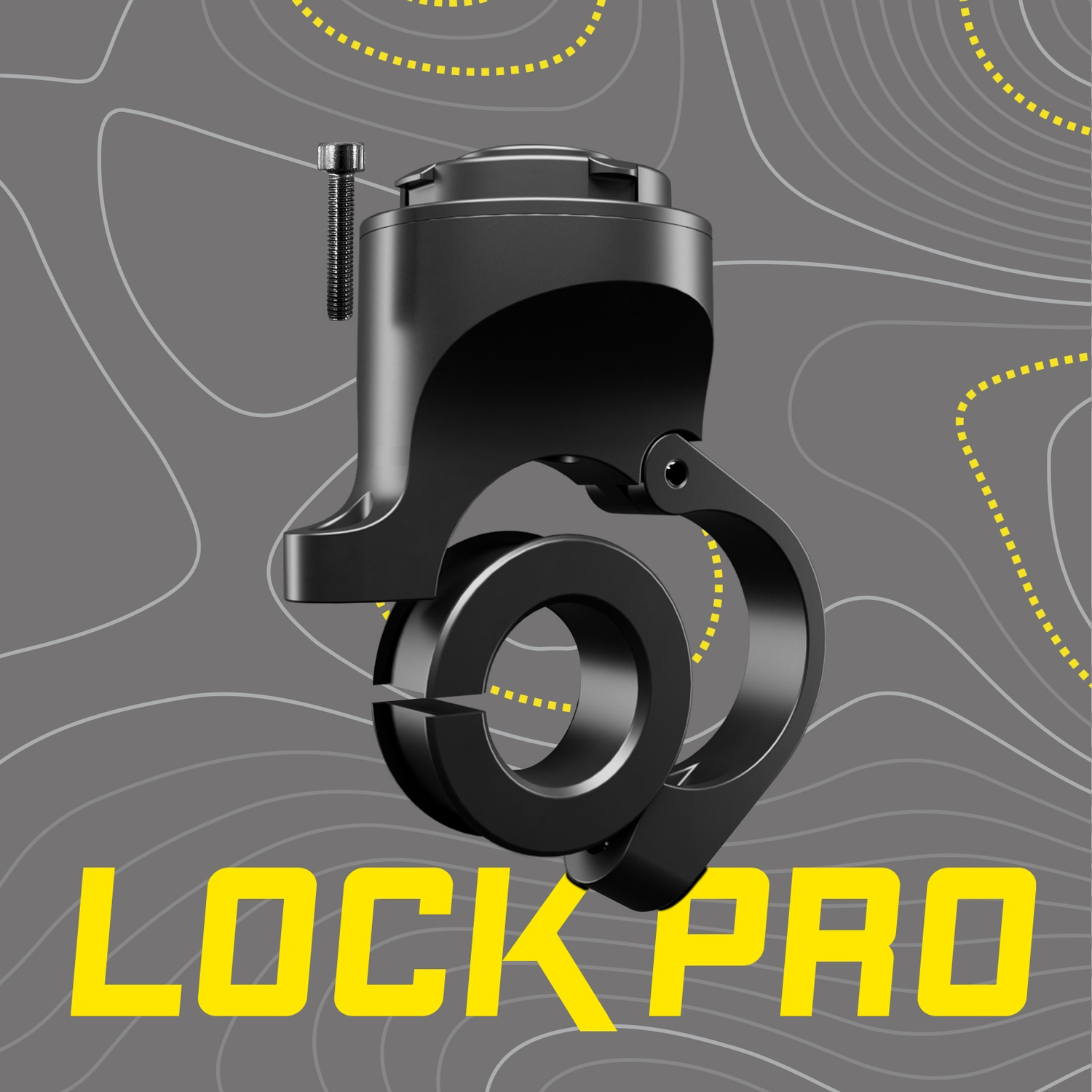 Dispositivo nero Lock Pro con un bullone, testo giallo e sfondo grigio con linee bianche.