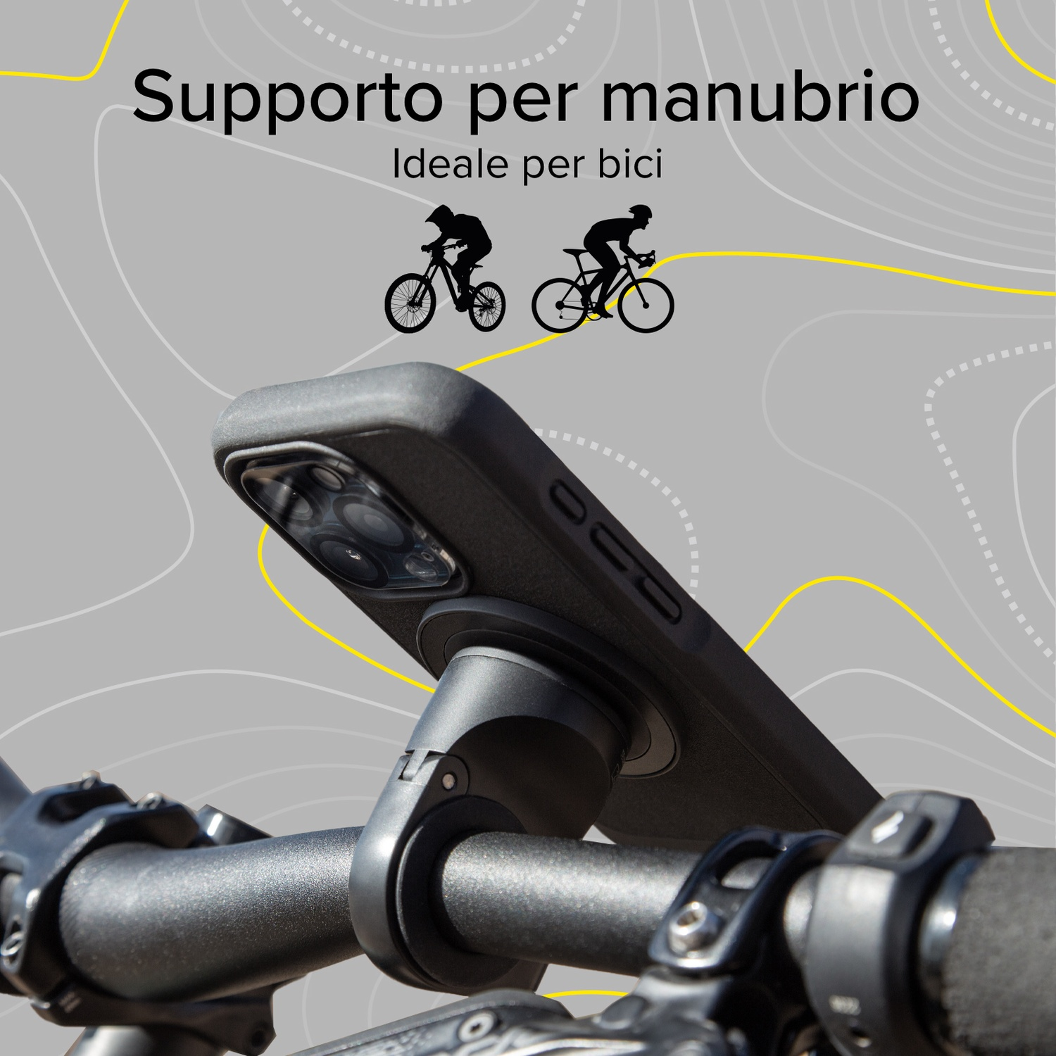 Telefono nero montato sul manubrio della bici. Testo: supporto per manubrio, ideale per bici. Sagome di ciclisti sullo sfondo.