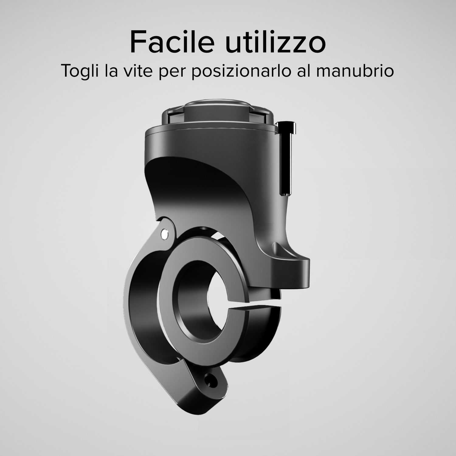 Componente nero per manubrio bici. Ha un morsetto circolare e un corpo rettangolare. Testo in italiano sopra.