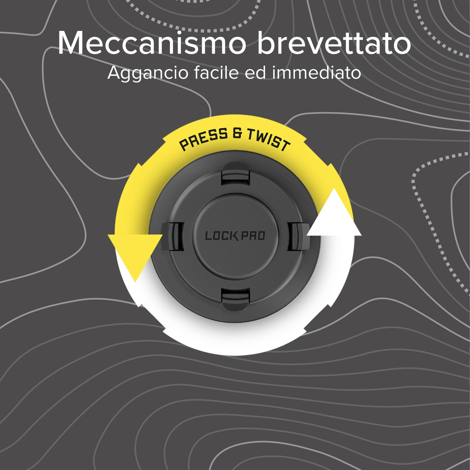 Dispositivo circolare nero con frecce gialle e bianche che indicano l'azione premi e ruota. Testo: Premi e Ruota, Lock Pro.