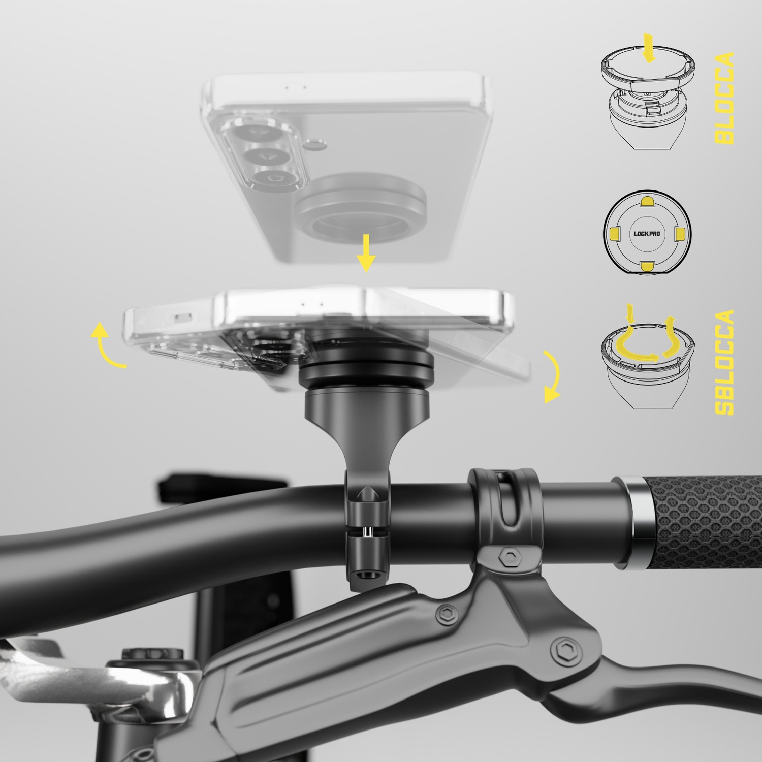 Sistema di montaggio del telefono sul manubrio della bici, che mostra i passaggi di assemblaggio e i dettagli. Include diagrammi.