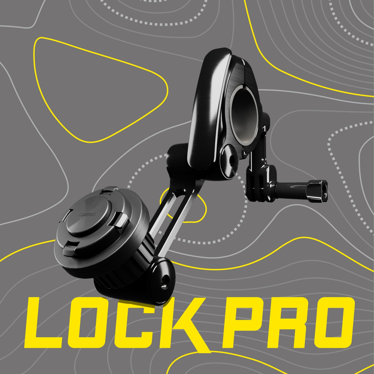 Supporto nero per telefono da moto. Testo giallo "LOCK PRO" su sfondo grigio con linee curve gialle e bianche.