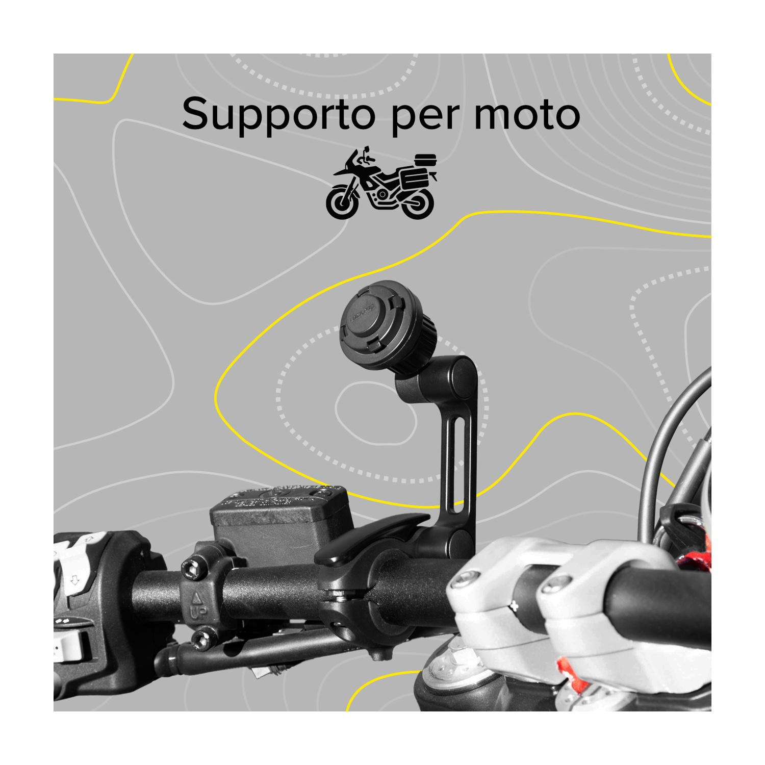 Manubrio moto con supporto telefono nero. Lo sfondo ha un'illustrazione di moto e il testo 'Supporto per moto' in grigio.