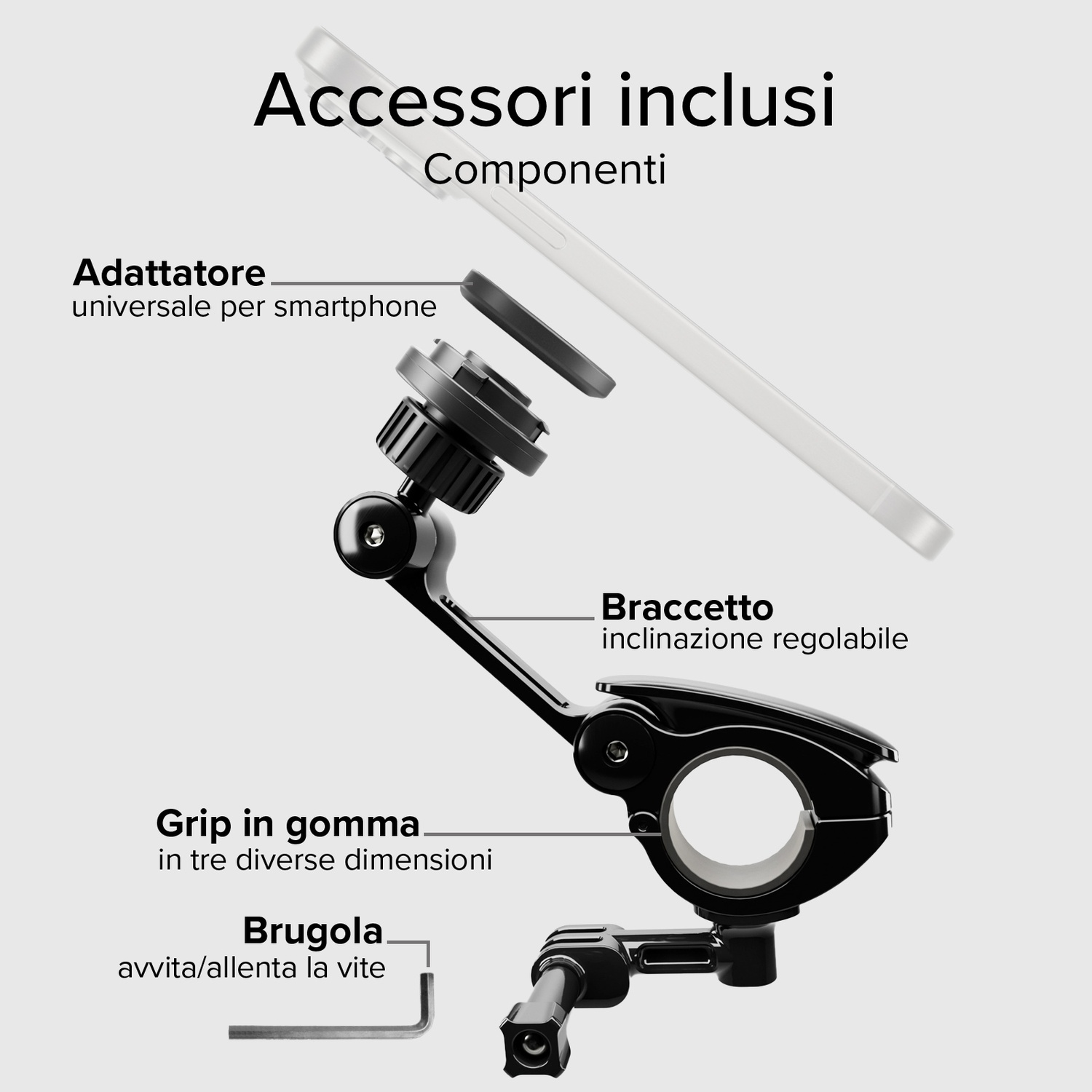 Un supporto per telefono nero con braccio regolabile, impugnatura in gomma e adattatore universale. Etichette di testo.