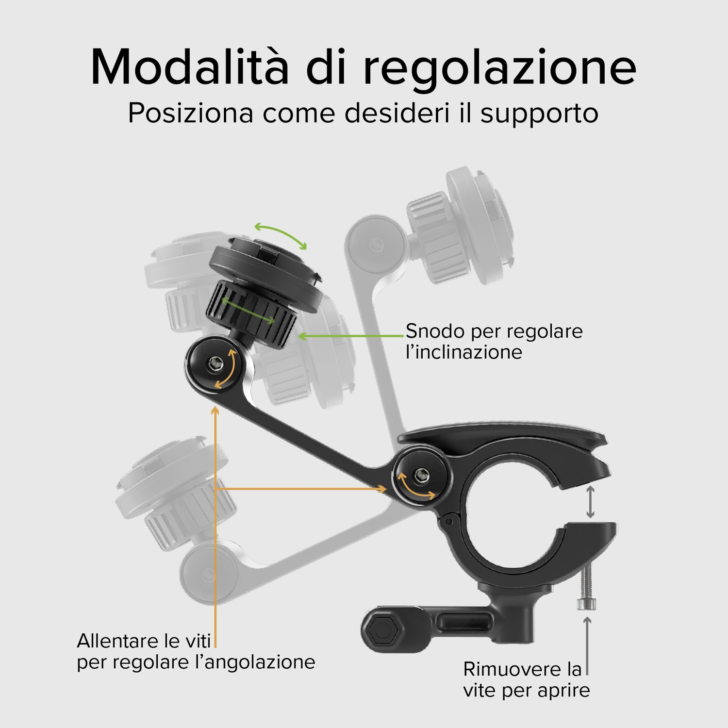 Diagramma di un supporto nero regolabile. Le istruzioni mostrano come regolare l'inclinazione, allentare le viti per l'angolo e rimuovere una vite per aprire.