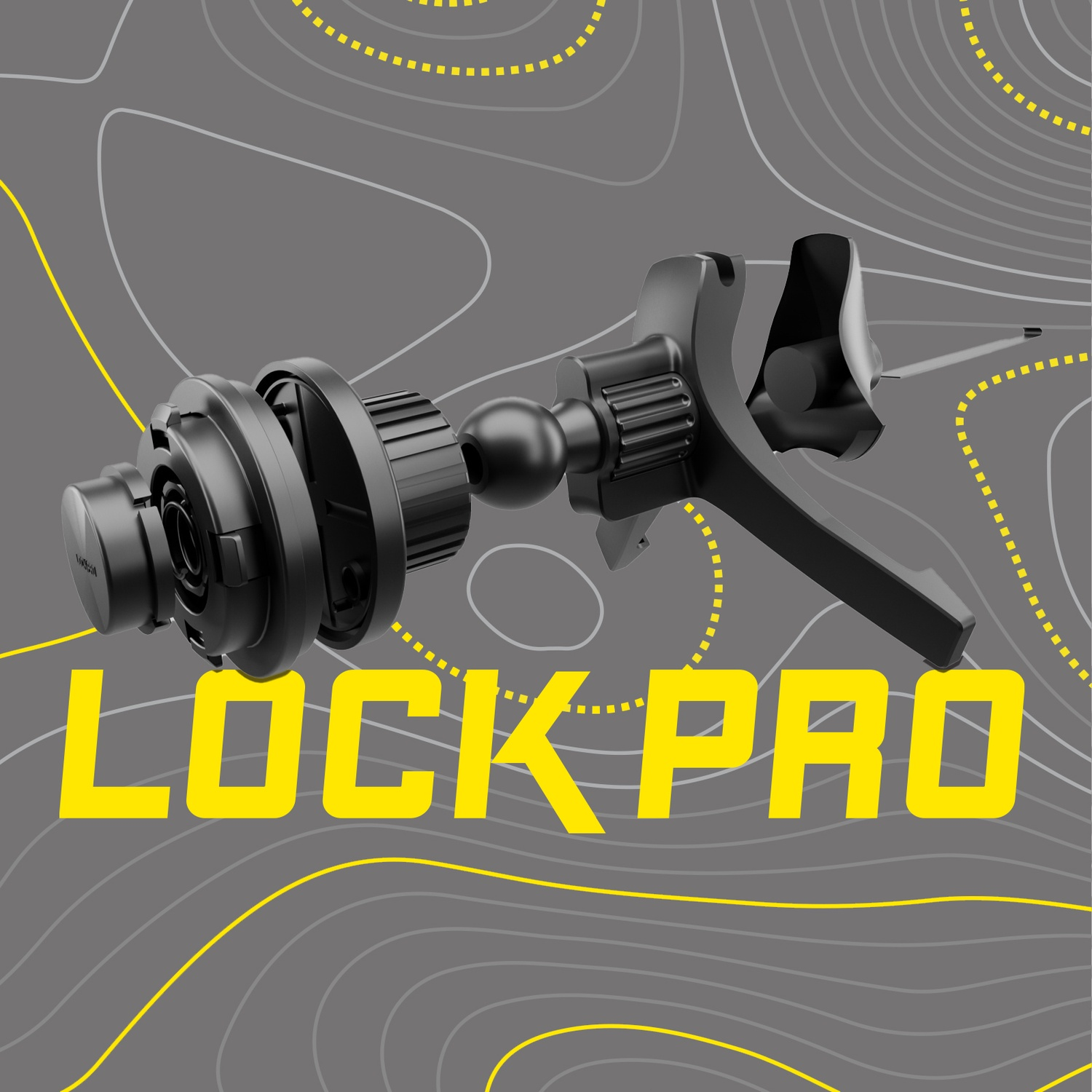 Supporto per telefono da auto nero con testo "LOCK PRO" su sfondo grigio con linee gialle.