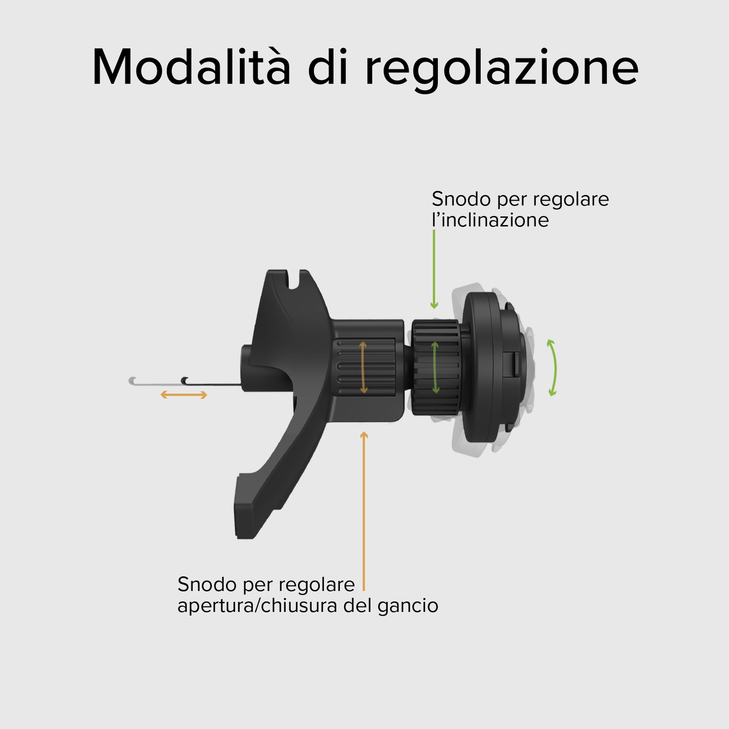 Dispositivo nero regolabile con frecce che indicano i punti di regolazione e testo in italiano. Il testo include 'regolazione' e 'cerniera'.