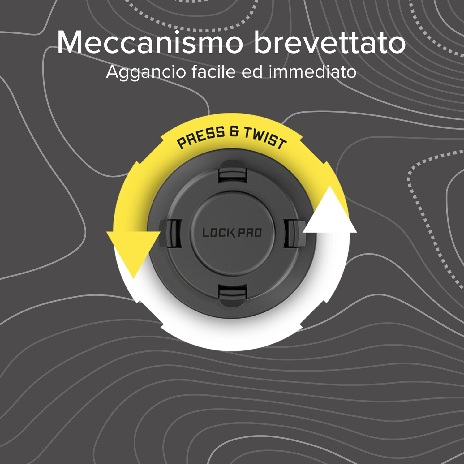 Illustrazione che mostra un dispositivo nero e giallo con frecce che indicano premi e ruota. Lo sfondo è grigio scuro con linee bianche.