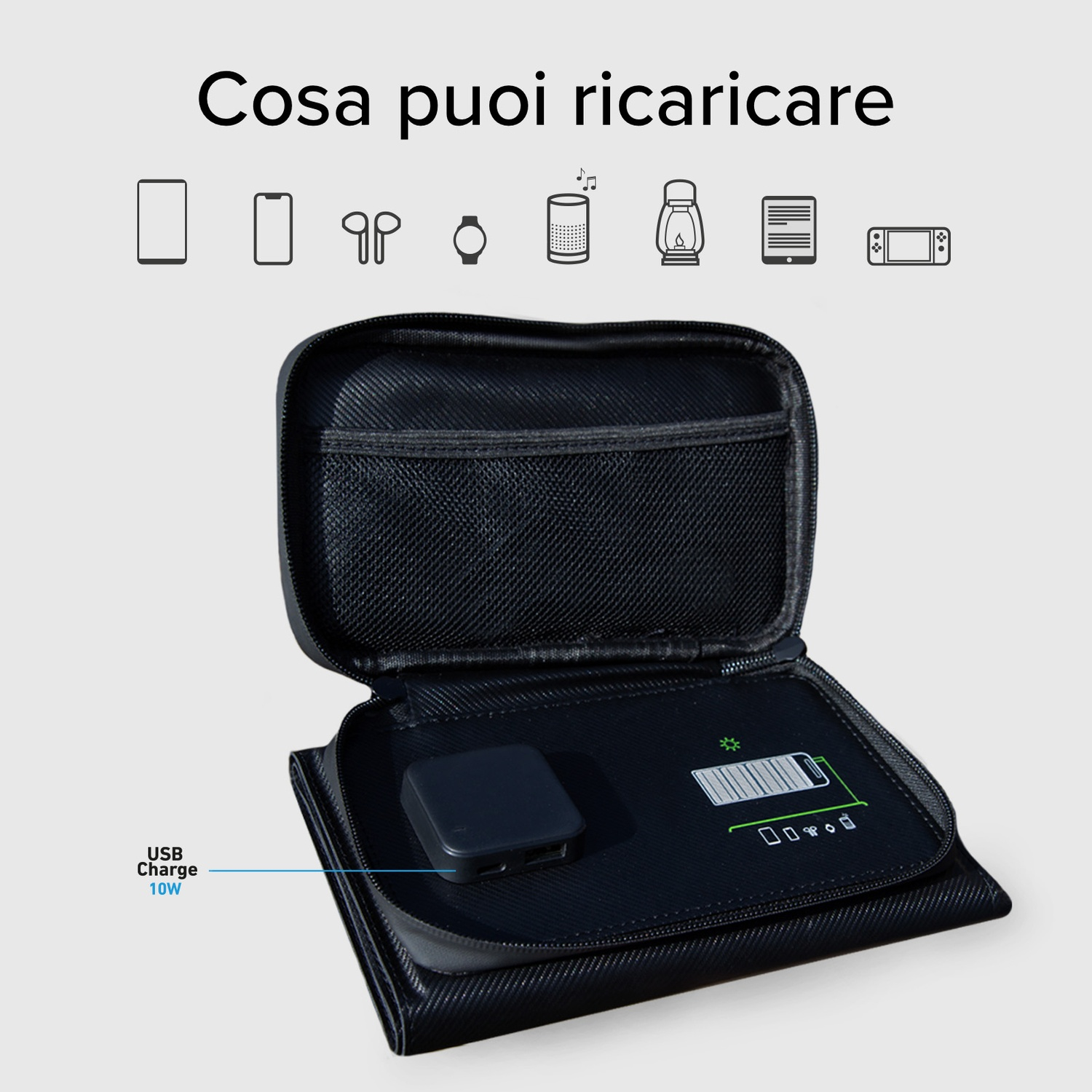 Custodia nera con icone di ricarica sopra. All'interno, un blocco di ricarica e l'icona della batteria. Testo: Ricarica USB 10W.