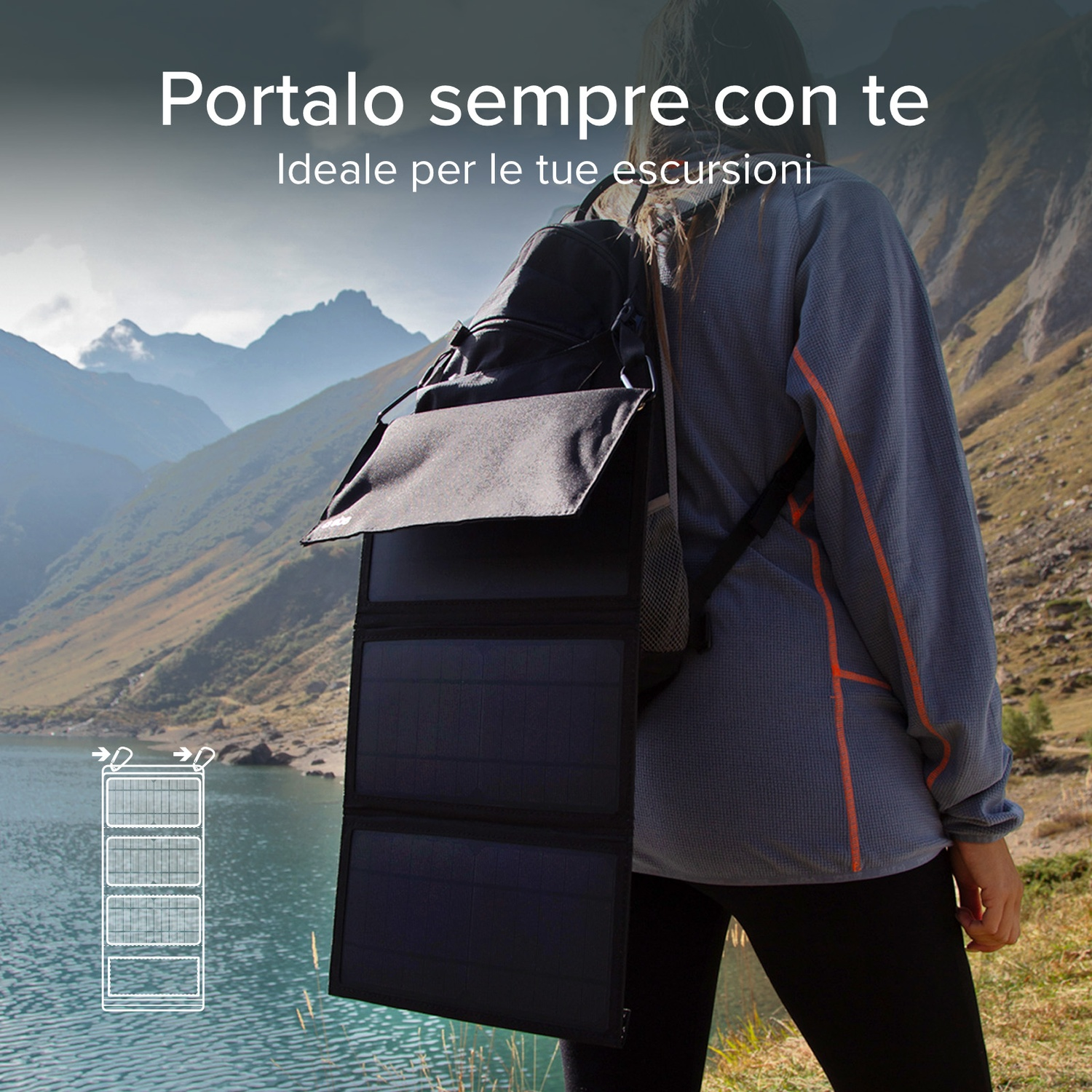 Una persona indossa uno zaino con pannelli solari vicino a un lago. Montagne sullo sfondo, con testo 'Portalo sempre con te'.