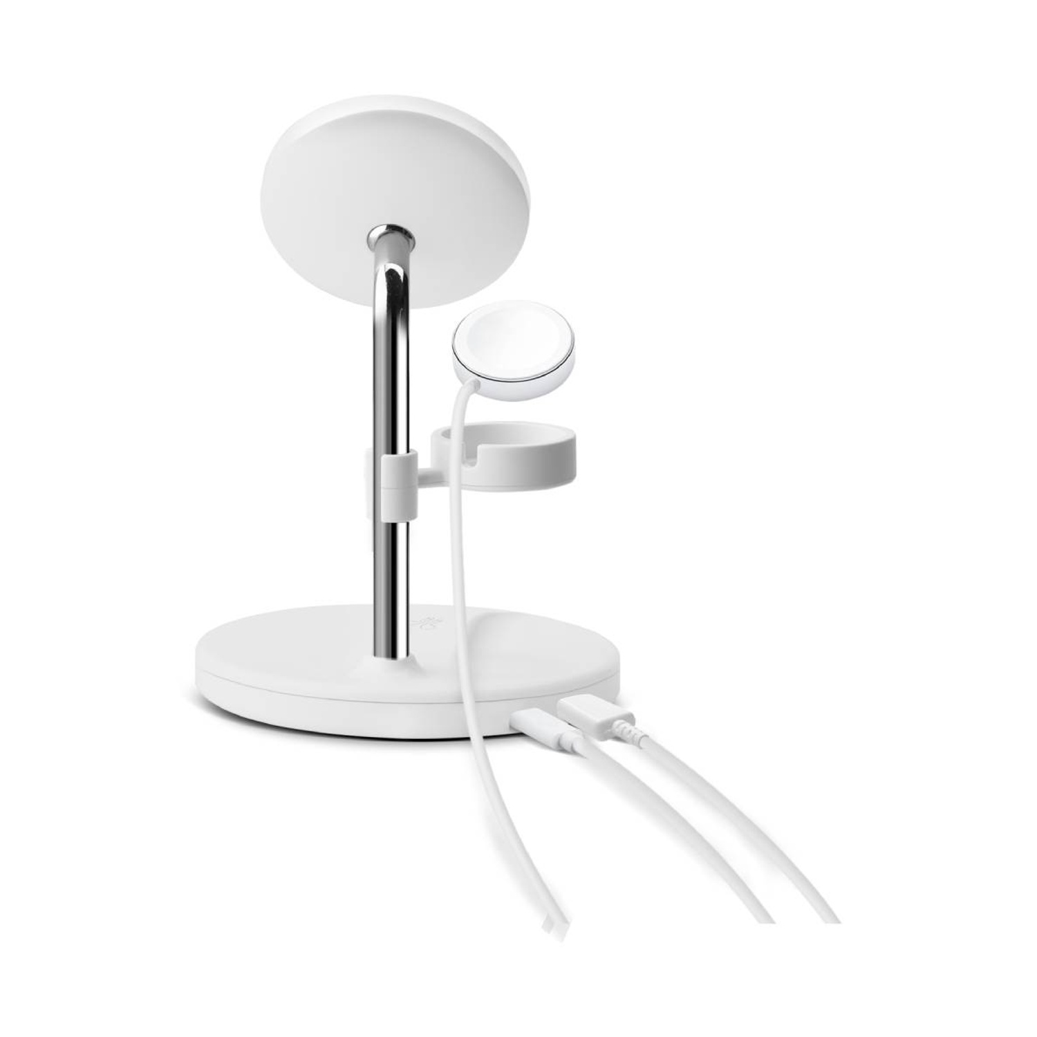 Supporto di ricarica bianco per Apple Watch. Ha una base rotonda, un palo centrale e un disco di ricarica superiore. I cavi pendono.