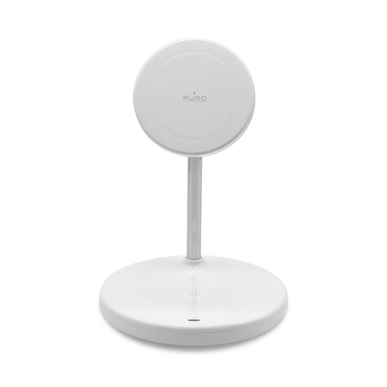 Caricabatterie wireless bianco con base e parte superiore rotonde. Ha uno stelo verticale. Il marchio 'PURO' è in alto.