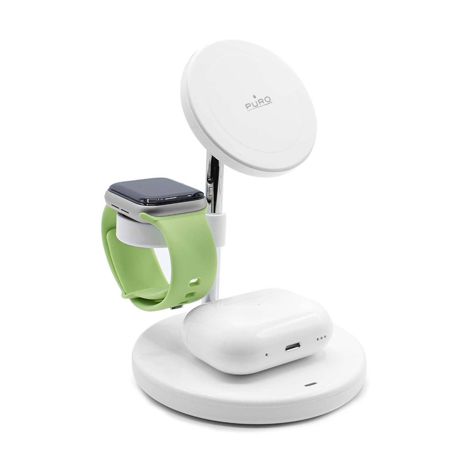 Stazione di ricarica bianca con Apple Watch (cinturino verde), AirPods e caricatore superiore. Tutti gli articoli sono bianchi.