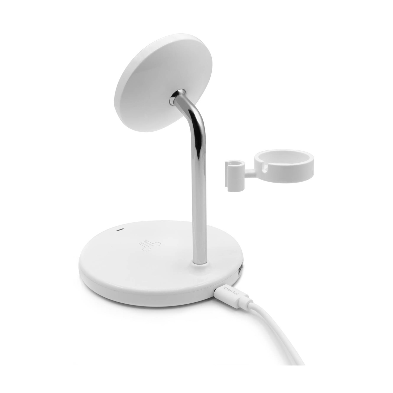 Supporto per telefono bianco con cavo di ricarica. Ha una base circolare e un supporto metallico curvo. C'è un piccolo supporto.