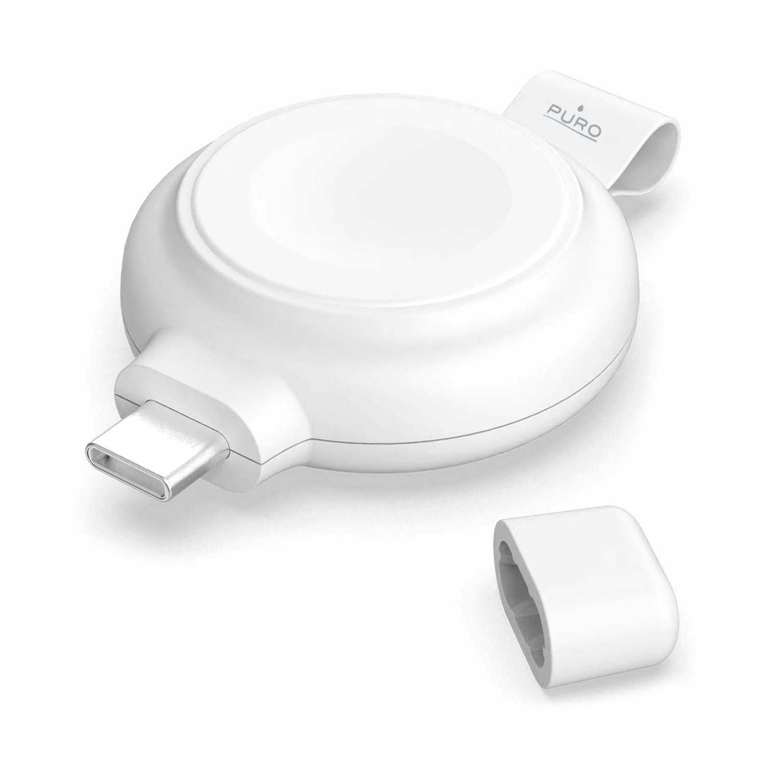 Caricabatterie USB-C bianco con cappuccio rimovibile e anello. 'Puro' stampato sull'anello. Isolato su sfondo bianco.