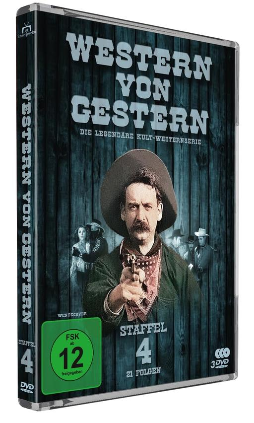 DVD-Cover: Mann mit Cowboyhut, der eine Waffe zeigt. Titel ist "Western von Gestern". Staffel 4, 21 Folgen, FSK 12.