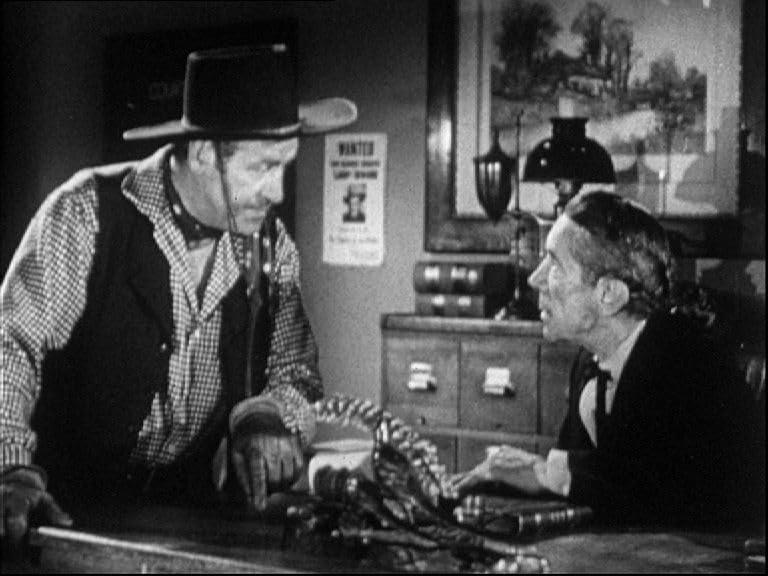 Ein Cowboy in kariertem Hemd spricht mit einem Mann hinter einem Schreibtisch. Ein Fahndungsplakat hängt an der Wand.