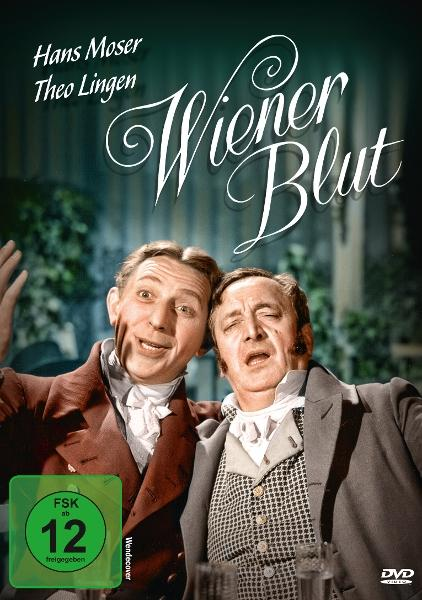 Filmposter von "Wiener Blut" mit zwei Männern, Titel und Altersfreigabe. Ein Mann trägt eine rote Jacke, der andere eine karierte Weste.