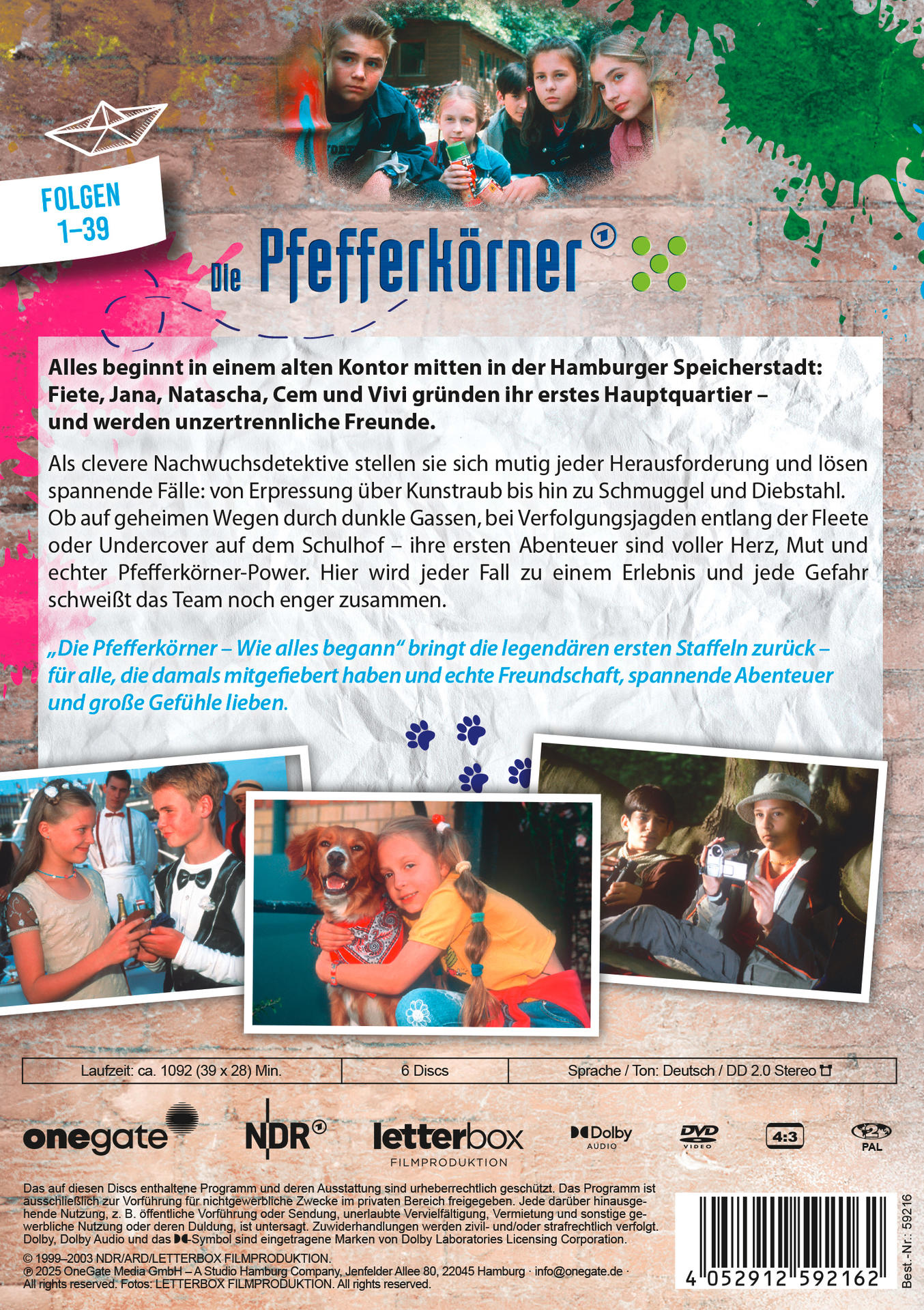 DVD-Cover. Kinderserie 'Die Pfefferkörner'. Kindergruppe im Hintergrund. Bilder von Kindern und einem Hund unten.
