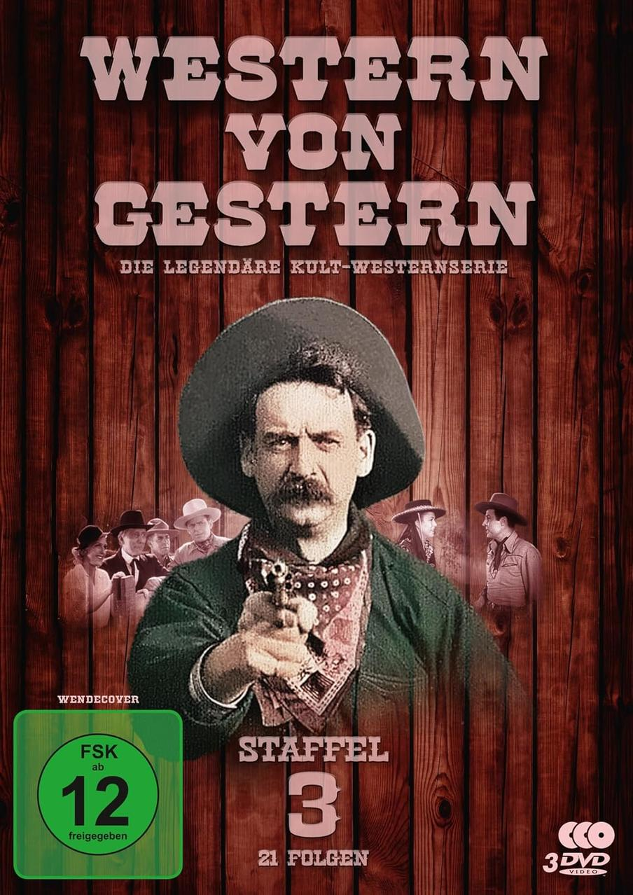 DVD-Cover für "Western von Gestern" mit einem Mann, der eine Waffe hält. Enthält Text, Bewertung und Episodeninformationen.
