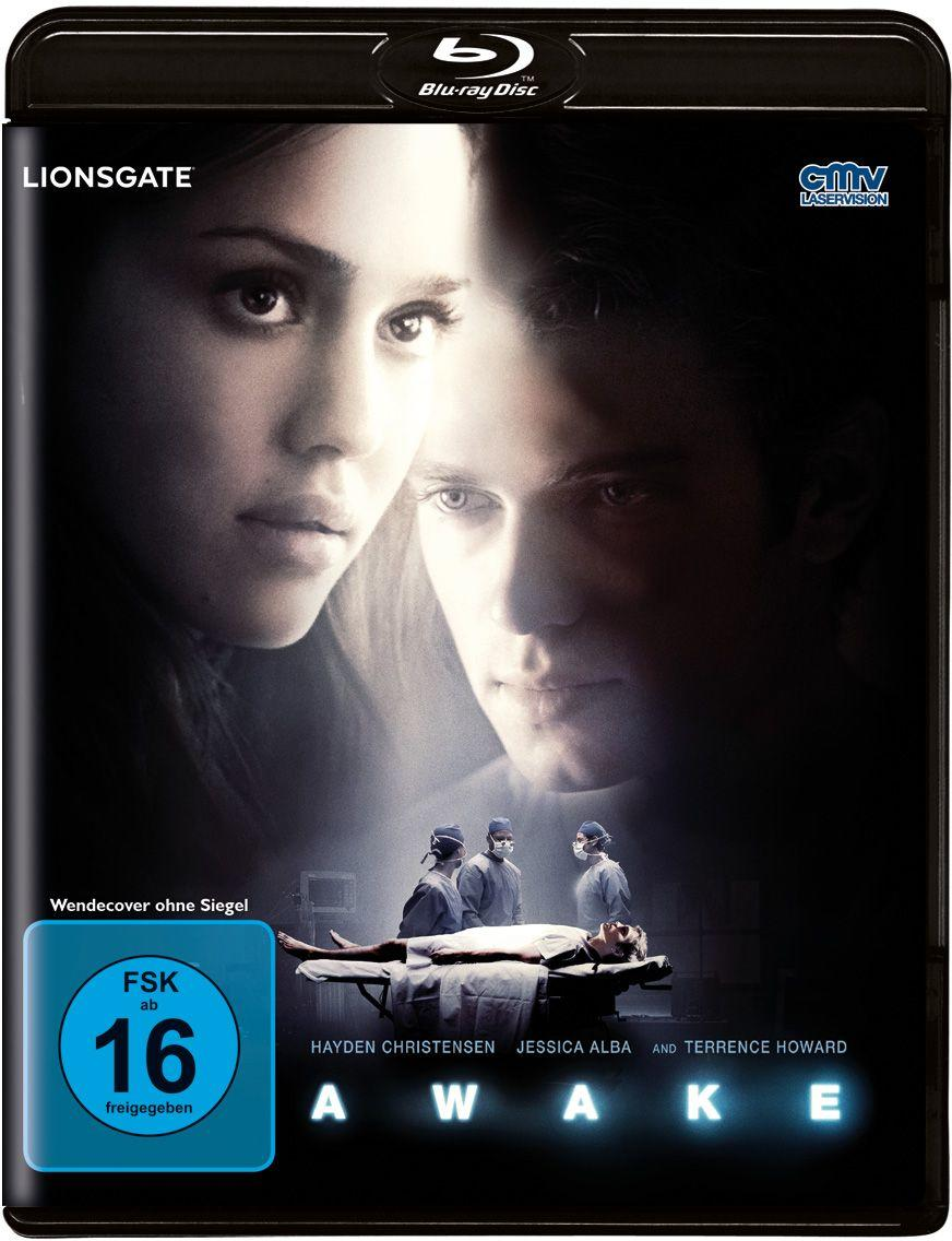 Filmcover. Gesichter von Jessica Alba und Hayden Christensen. Chirurgen operieren einen Patienten. Das Wort 'AWAKE' wird angezeigt.