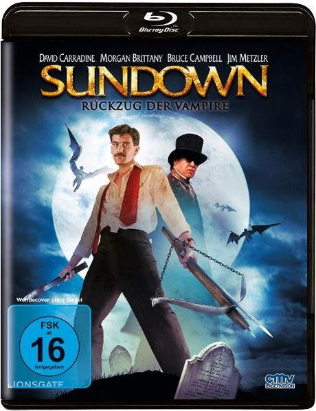 Filmcover: Mann mit Armbrust und Schwert, Hintergrund Vollmond, Fledermäuse und zwei Männer. Titel: Sundown, Rückzug der Vampire.