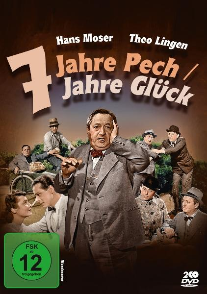 Filmposter von '7 Jahre Pech/Glück' mit Hans Moser und Theo Lingen. Ein Mann im Anzug im Mittelpunkt, umgeben von anderen Schauspielern.