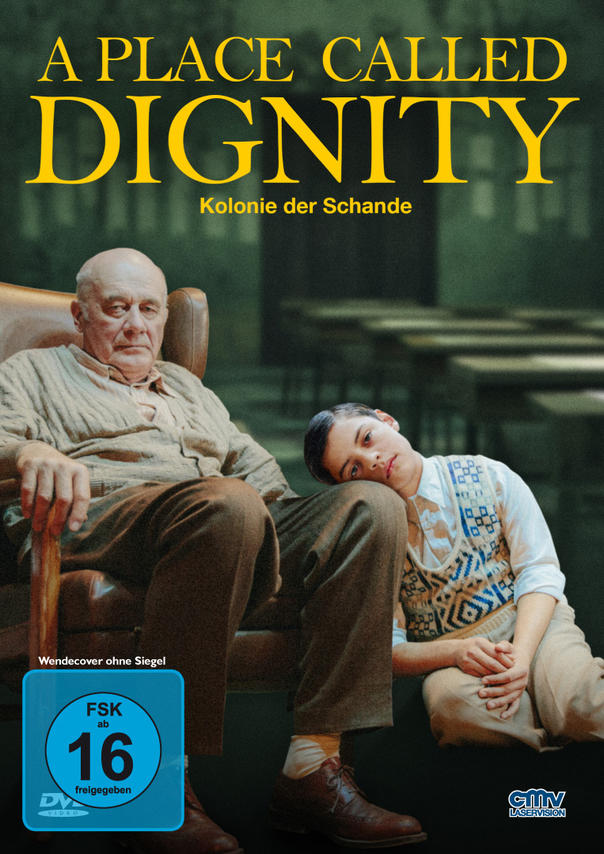 Filmposter: Ein älterer Mann in einem Stuhl mit einem jungen Mann, der sich an ihn lehnt. Titel: Ein Ort namens Würde.