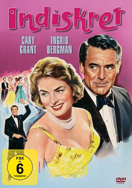 Filmplakat für 'Indiskret' mit Cary Grant und Ingrid Bergman. Eine Frau in gelbem Kleid lächelt, Mann im Smoking, Menschengruppe im Hintergrund.