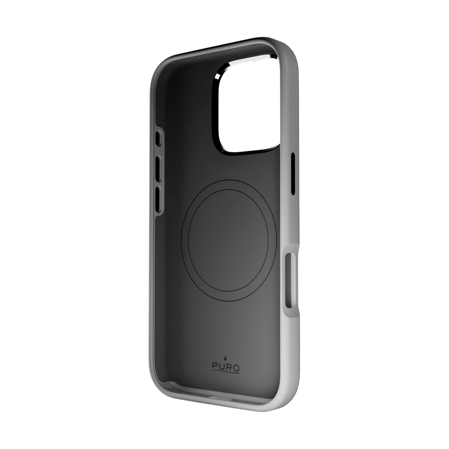 Una custodia per telefono grigia e nera. L'interno è nero con un design circolare. Il bordo è grigio. Lo sfondo è bianco.