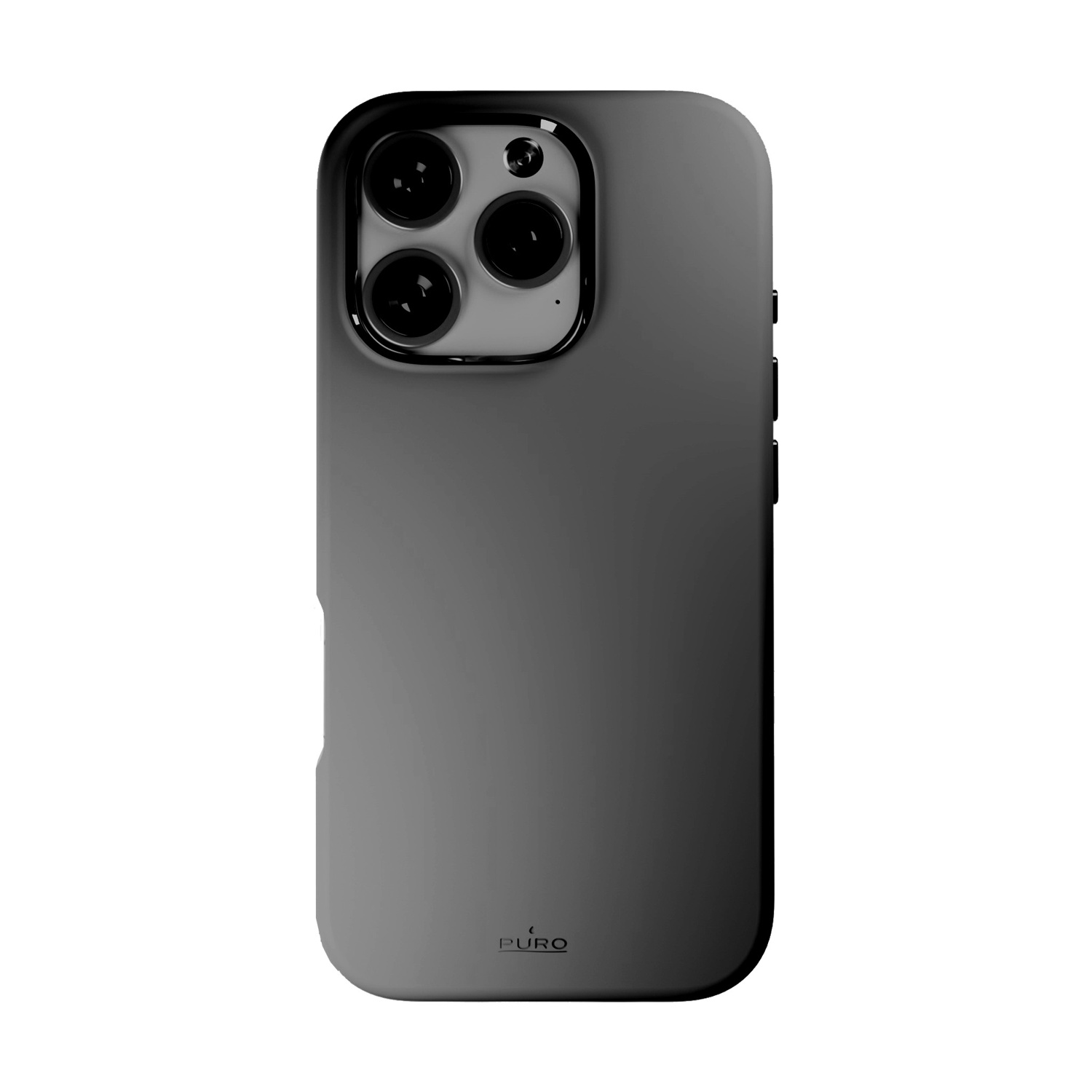 Una custodia grigia per telefono con lenti nere per fotocamera e un logo. La custodia ha bordi arrotondati e una superficie liscia.