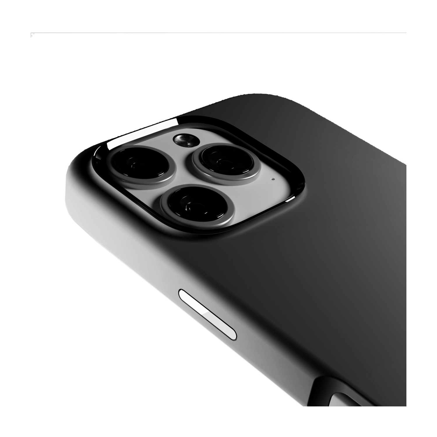 Primo piano di uno smartphone nero. Visibili le lenti della fotocamera, il retro e il lato del telefono, su sfondo bianco.