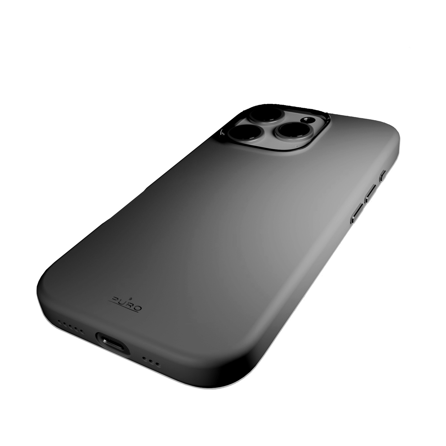 Custodia per telefono nera con tre obiettivi. La custodia ha il logo Puro. Sfondo bianco.