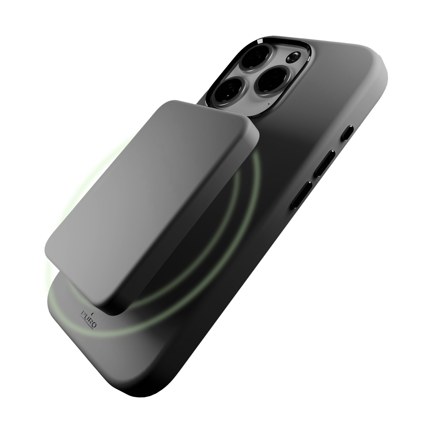 Custodia grigia per telefono con componente magnetico staccabile, luce verde di ricarica e logo Puro.