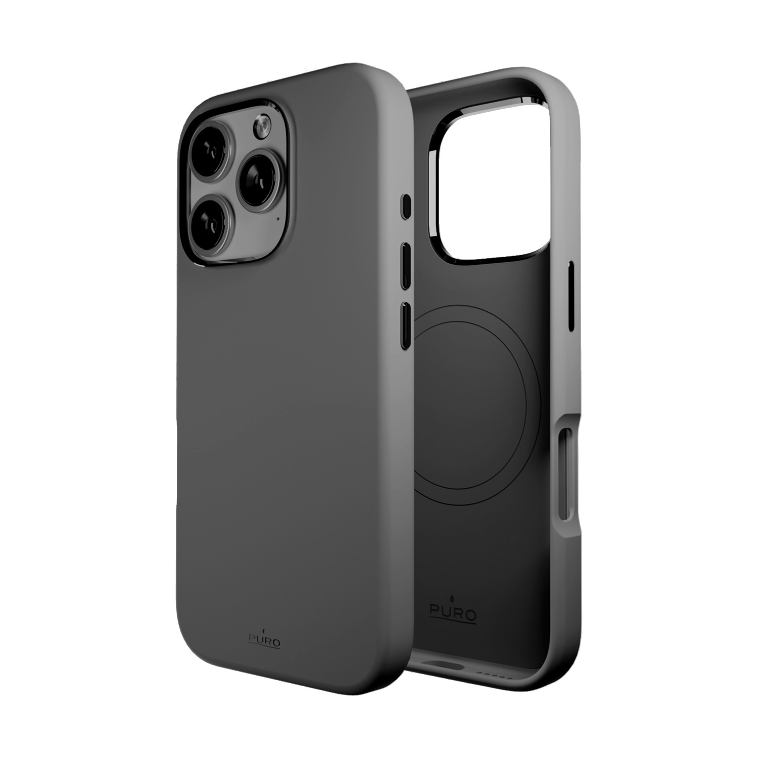 Custodia grigia per telefono, aperta per mostrare l'interno. Ha ritagli per la fotocamera e un logo. Lo sfondo è bianco.