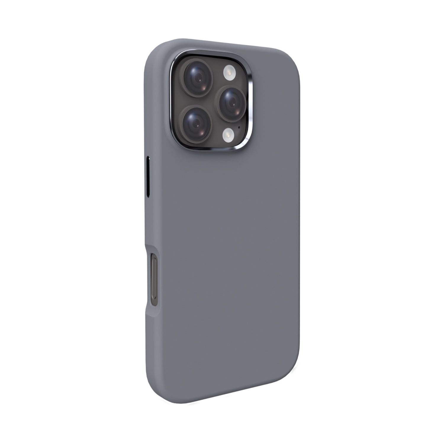 Una custodia grigia per telefono con sporgenza per la fotocamera. La custodia è su sfondo bianco.