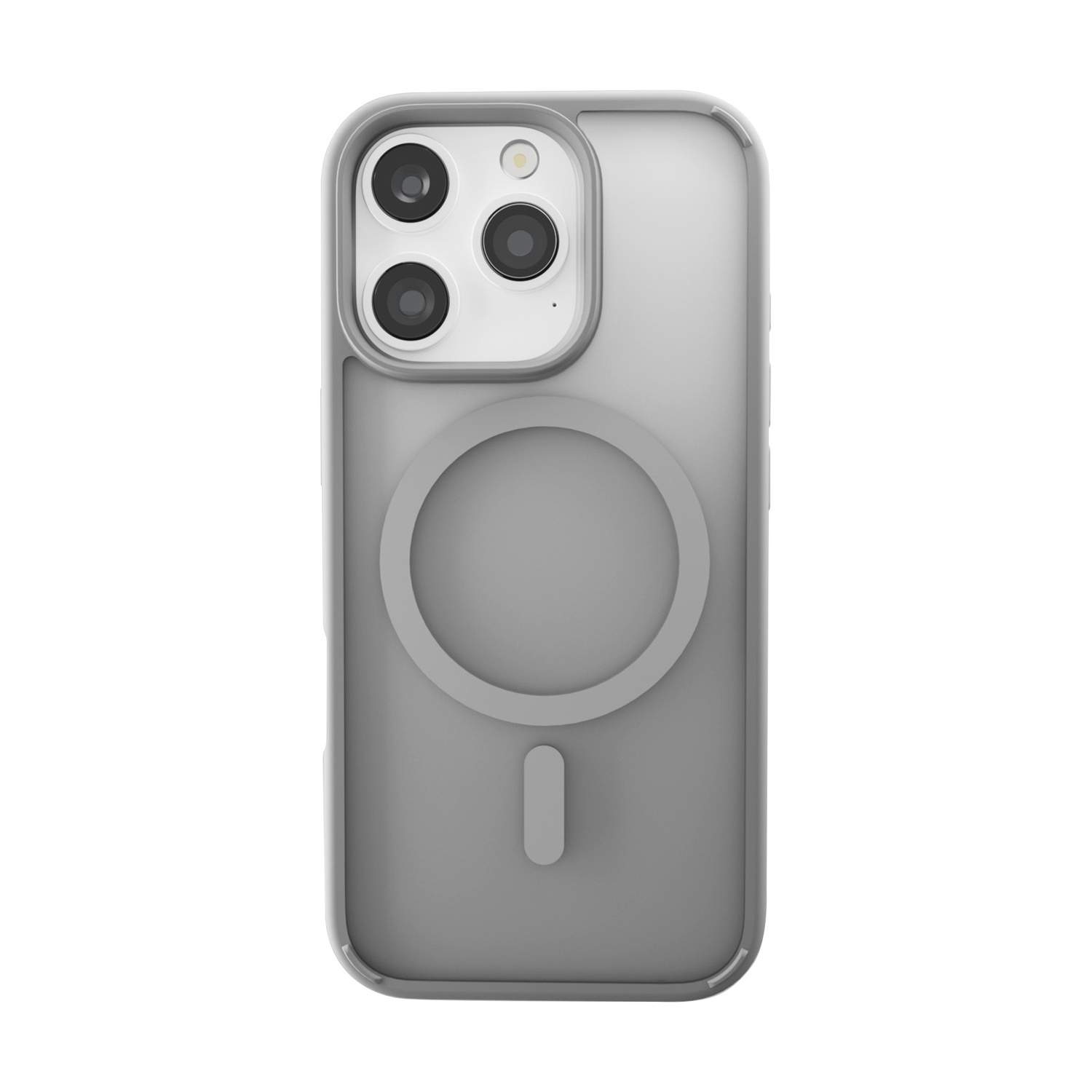 Una custodia grigia per telefono con modulo fotocamera e cerchio MagSafe su sfondo bianco.