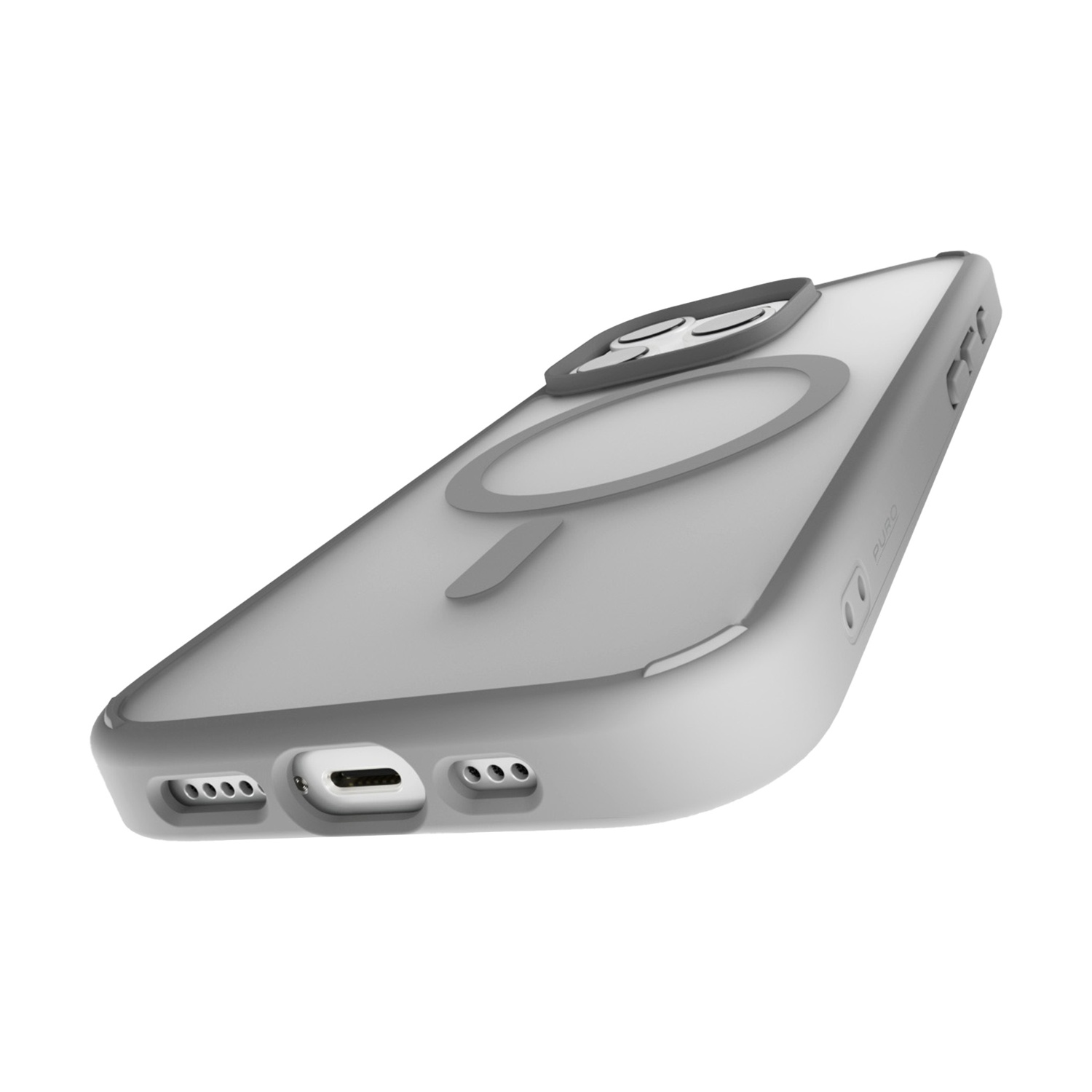 Una custodia grigia per telefono con anello magnetico e rilievo fotocamera su sfondo bianco. La custodia ha un retro trasparente.